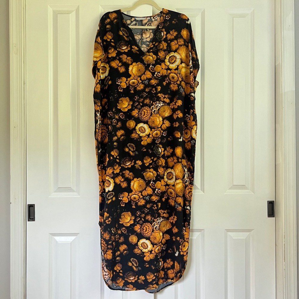 Jams World Black Gold Autumn Flowers Floral Flowy Made in Hawaii Maxi Dress S